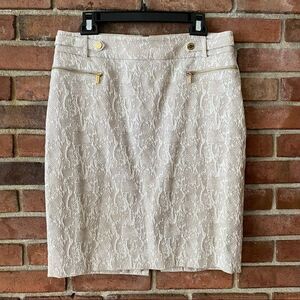 Calvin Klein Taupe and Ivory Print Pencil Skirt with Gold Accents Size 10